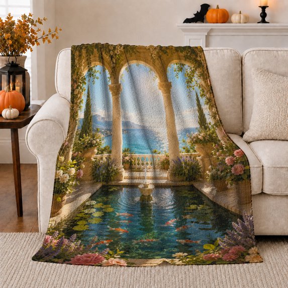 Serene Mediterranean Terrace Koi Pond Cypress Trees, Cozy Friendship Quote Scene, Warm Flannel Blanket for Living Room and Reading Nook, Art Lovers Friendship Gift, Artistic Home Decor