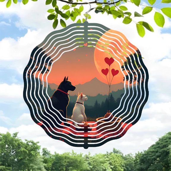 Serene Metal Hanging Wind Spinner - Circular Design with Concentric Circles Featuring Affectionate Moonlit Scene for Garden Decor