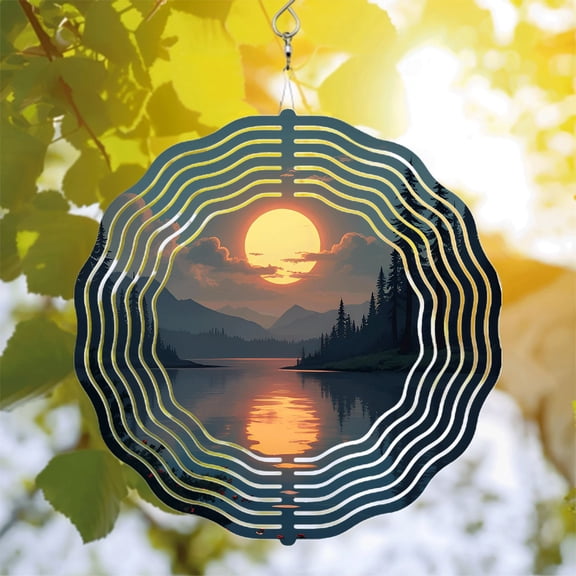 Serene Metal Hanging Wind Spinner - Circular Design with Sun and Water Reflection Pattern for Yard & Garden Decor
