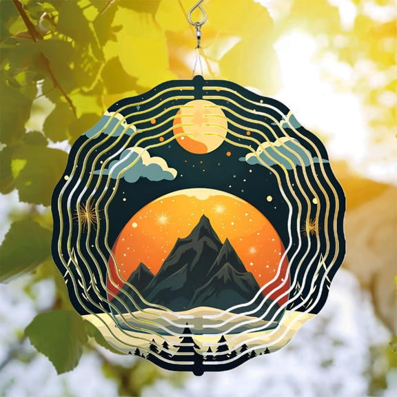 Serene Metal Hanging Wind Spinner - Orange Moon & Star Design for Yard & Garden - Reflective Pine Tree & Mountain Silhouette