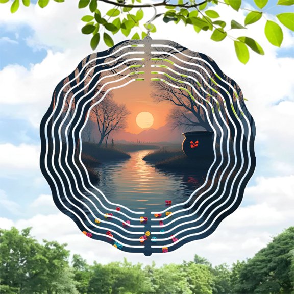 Serene Metal Hanging Wind Spinner with Butterfly Design - Circular Sound Wave Patterns for Yard & Garden Decor Perfect for Sunset Views