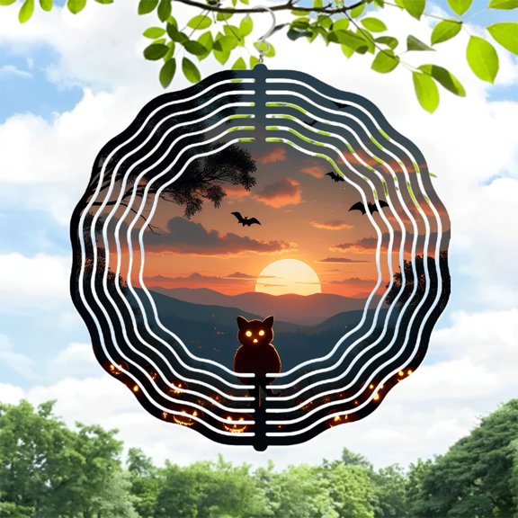 Serene Metal Hanging Wind Spinner with Cat Design - Beautiful Sunset Pattern for Yard & Garden Decor Perfect for Tranquil Spaces