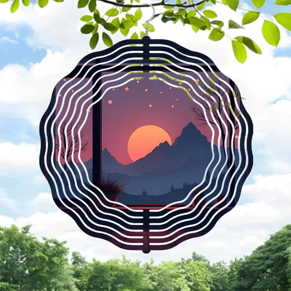Serene Metal Hanging Wind Spinner with Circular Design - Beautiful Yard & Garden Decor Featuring Sunset and Starry Sky Pattern