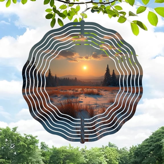 Serene Metal Hanging Wind Spinner with Circular Wind Chime Design - Perfect for Yard and Garden Decor Captivating Sunset View