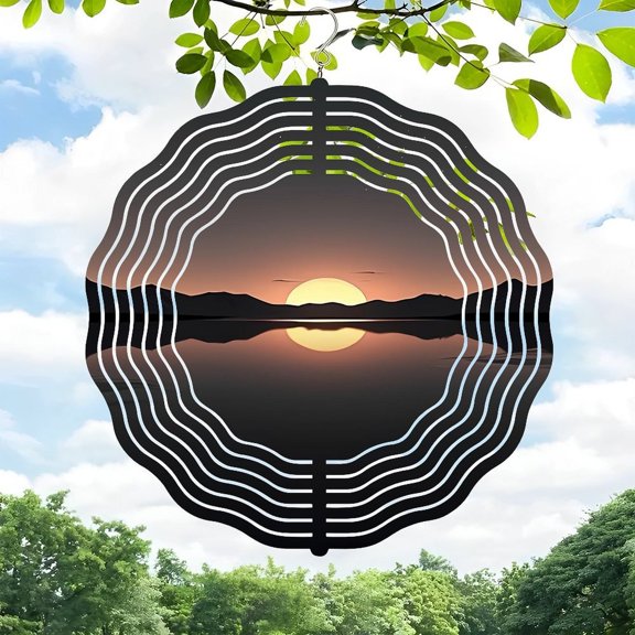 Serene Metal Hanging Wind Spinner with Concentric Wave Design - Perfect for Yard and Garden Decor Enhances Sunset Views