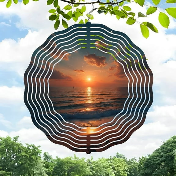 Serene Metal Hanging Wind Spinner with Concentric Waves Design - Perfect for Yard & Garden Decor Captivating Sunset View