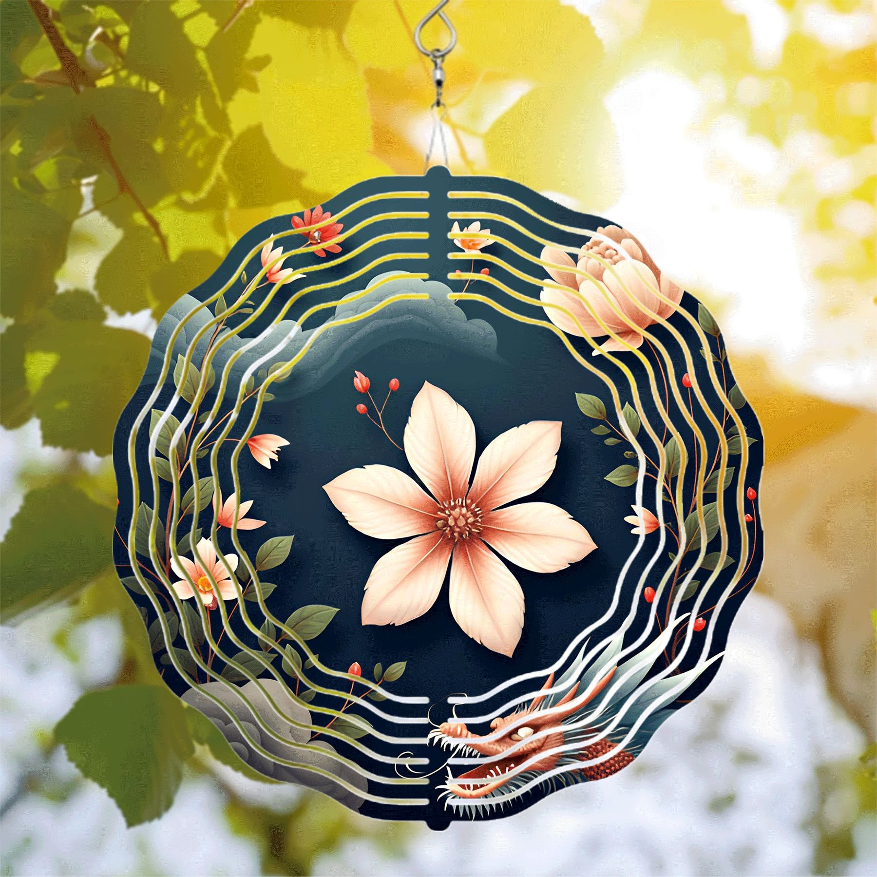 Serene Metal Hanging Wind Spinner with Floral and Mythical Design ...