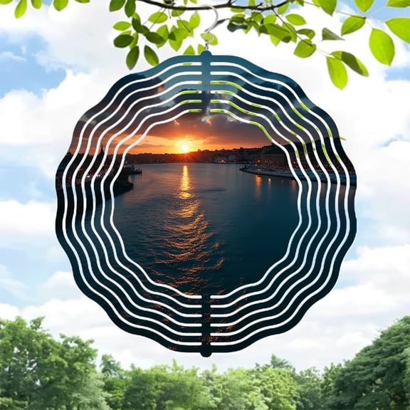 Serene Metal Hanging Wind Spinner with Sound Wave Design - Perfect for Tranquil Yards and Gardens Captivating Sunset
