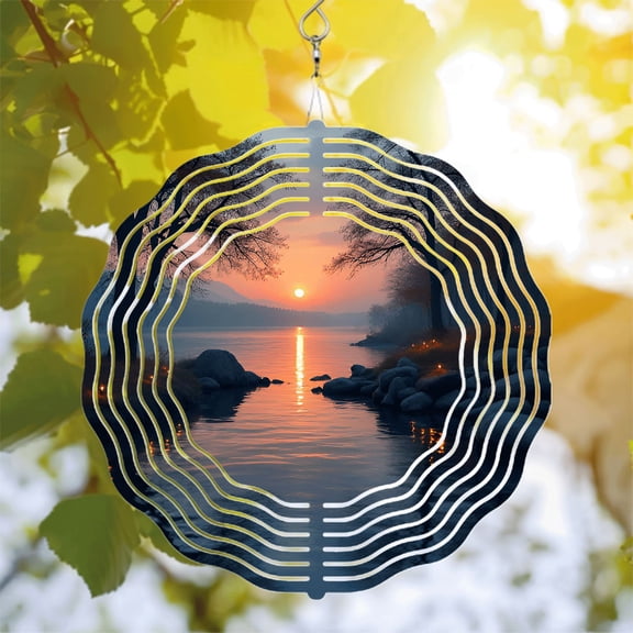 Serene Metal Hanging Wind Spinner with Sound Wave Design - Perfect for Yard and Garden Decor Captivating Sunset