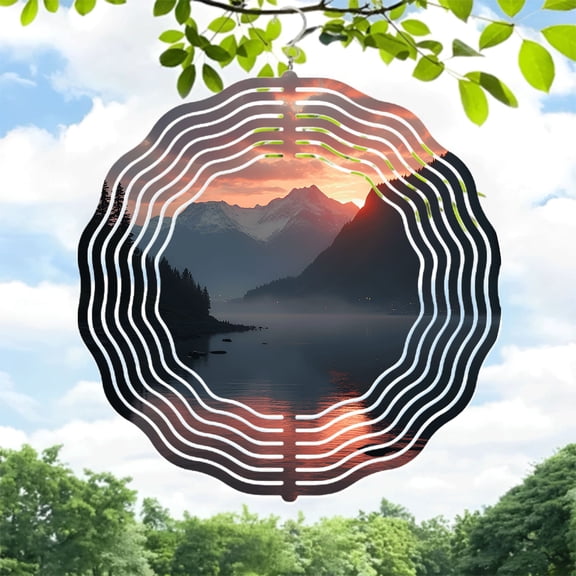 Serene Metal Hanging Wind Spinner with Sound Wave Design - Perfect for Yard and Garden Decor Captivating Sunset