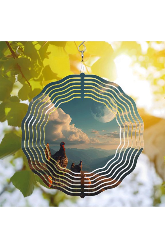 Serene Metal Hanging Wind Spinner with Wave Patterns - Elegant Wind Chime for Yard & Garden Decor Moonlit Landscape Design