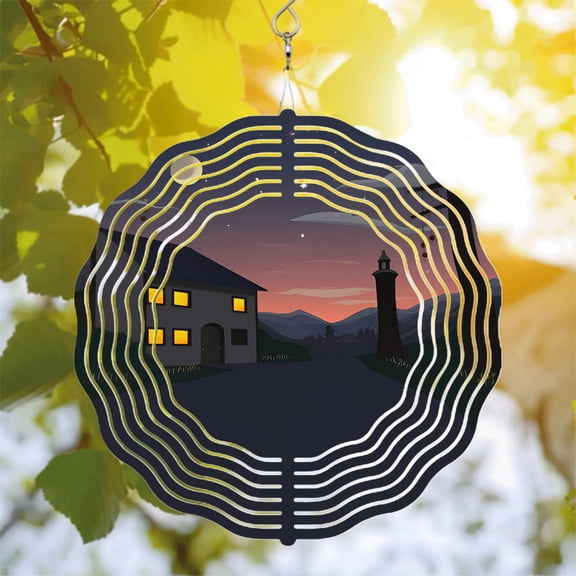 Serene Metal Hanging Wind Spinners & Chimes - Circular Design with Starry Night & Lighthouse Pattern for Yard & Garden Decor