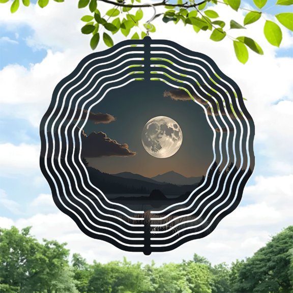 Serene Metal Hanging Wind Spinners & Chimes - Concentric Circular Patterns for Yard & Garden Reflecting Moonlight & Nature ' s Beauty