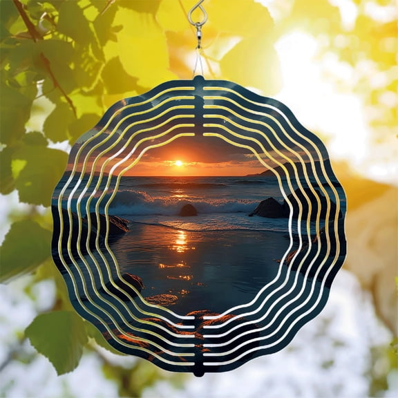 Serene Metal Hanging Wind Spinners & Chimes - Elegant Beach Sunset Design for Yard & Garden Decor Calming Atmosphere