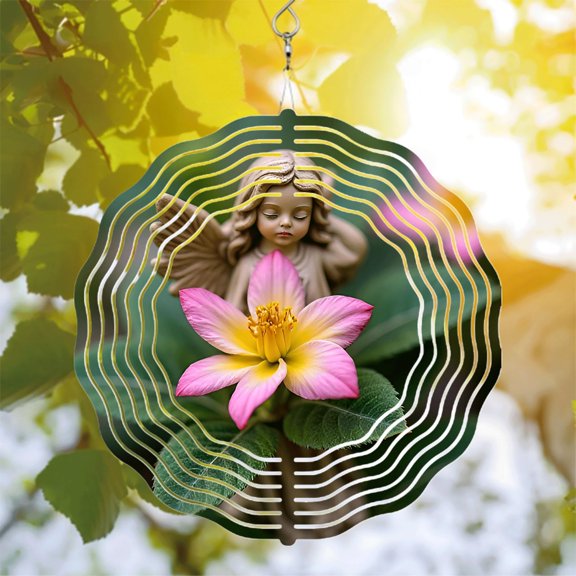 Serene Metal Hanging Wind Spinners & Chimes for Garden - Concentric Ripple Design with Angel Figurine & Vibrant Floral Accents