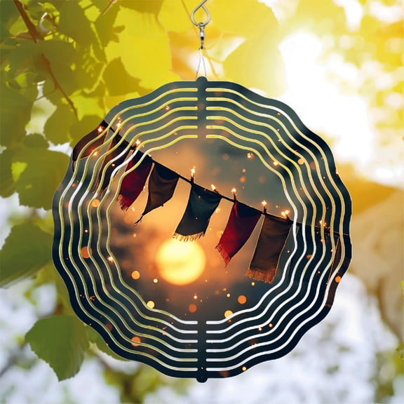 Serene Metal Hanging Wind Spinners with Circular Sound Wave Design - Colorful Prayer Flags for Tranquil Yard & Garden Decor