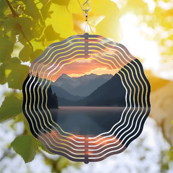 Serene Metal Hanging Wind Spinners with Sound Wave Design - Perfect for Yard & Garden Decor Captivating Sunset