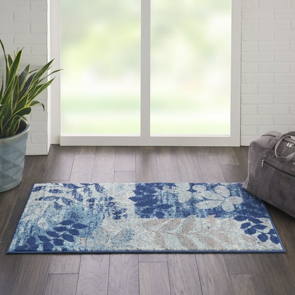 Serene Modern Botanical Navy/Light Blue 2' x 4' Area Rug, (2' x 4')