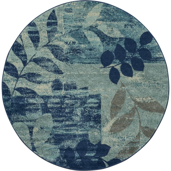 Serene Modern Botanical Navy/Light Blue 5'3" x ROUND Area Rug, (5' Round)