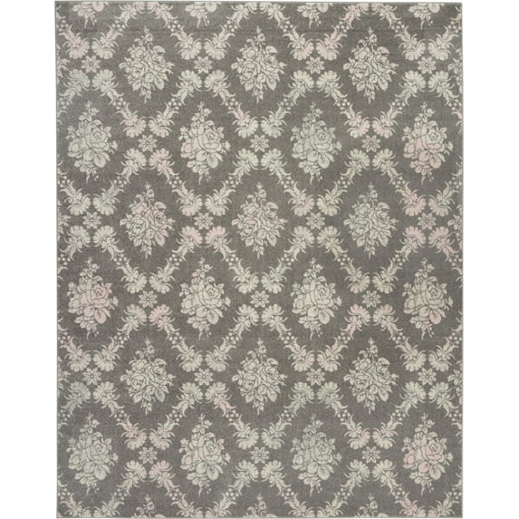 Serene Modern Damask Grey/Pink 8'10" x 11'10" Area Rug, (9' x 12')