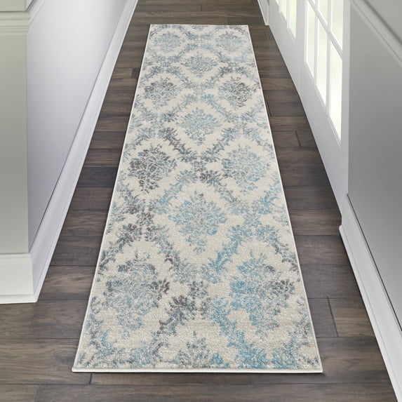 Serene Modern Damask Ivory/Turquoise 2'3" x 7'3" Area Rug, (2' x 7')