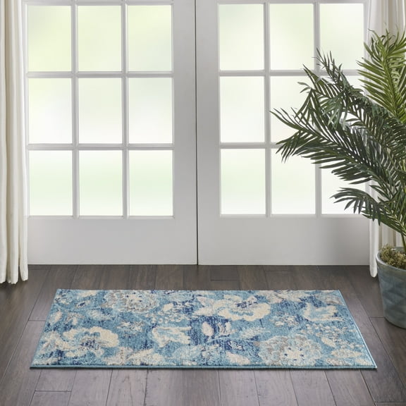Serene Modern Floral Turquoise 2' x 4' Area Rug, (2' x 4')