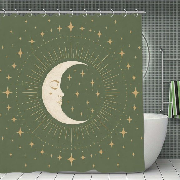 Serene Moon Face with Starburst Halo Print Shower Curtain,Cloth Fabric Waterproof Polyester Bathroom Home Decor Set with Hooks 70.8×70.8Inch