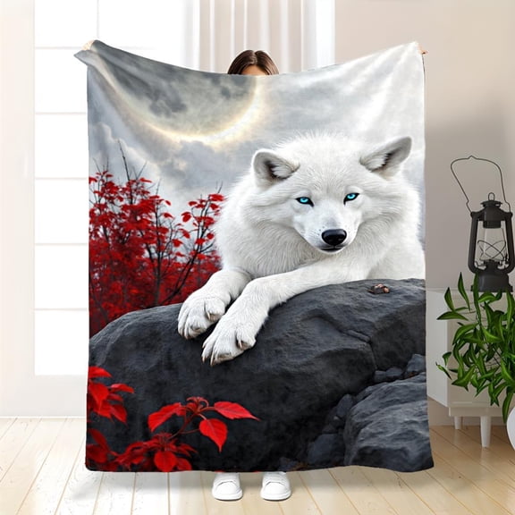 Serene Moonlit Forest Flannel Throw Blanket - White Wolf & Red Leaves Nighttime Design, Lightweight Cozy Bedspread for Camping, Sofa, Bed, Office - Indoor/Outdoor Use, Machine Washable