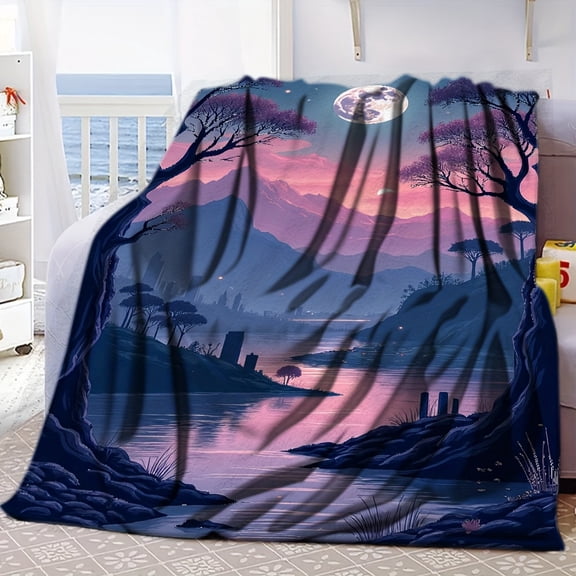 Serene Moonlit Landscape Flannel Blanket - Soft All-Season Small Bedspread with Night Sky Mountain & Lake Print, Pink/Purple/Purple-Pink Ombre for Camping, Travel, Bed - Cozy Gift for Adults & (Moon