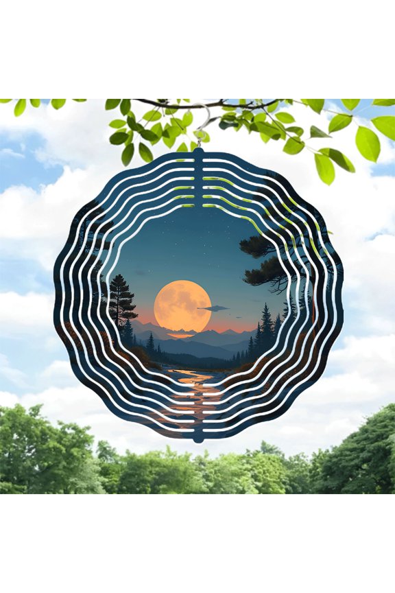 Serene Moonlit Landscape Metal Wind Spinner - Elegant Pine Tree & Mountain Design for Yard & Garden Decor Perfect for Relaxation