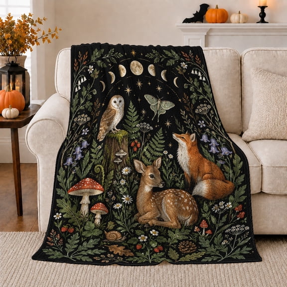 Serene Moonlit Woodland Fawn Fox Owl Mystical Forest, Festive Holiday Scene, Warm Flannel Blanket for Ranch House and Living Room, Horse Lovers Housewarming Gift, Rustic Home Decor