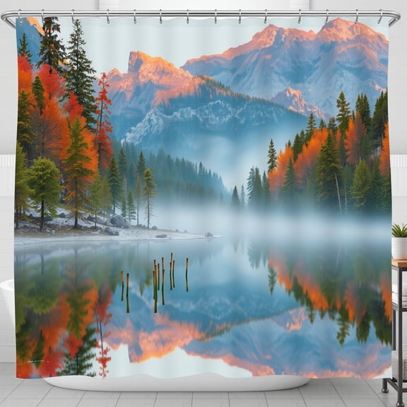 Serene Mountain Lake Shower Curtain - Tranquil Nature Scene with Autumn Colors and