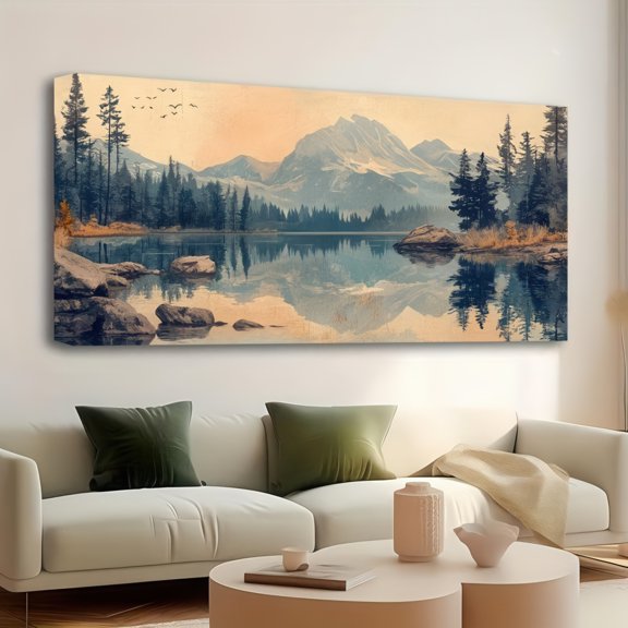 Serene Mountain Lake with Pine Forest and Reflections Framed Canvas Wall Art 48x24 Inch Nature Landscape for Living Room Bedroom Office