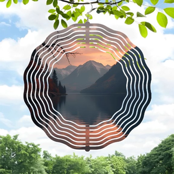 Serene Mountain Landscape Metal Wind Spinner - Snow - Capped Peaks & Calm Lake Design for Yard & Garden Decor