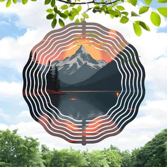 Serene Mountain Landscape Metal Wind Spinner - Snow - Capped Peaks & Vibrant Sky Design for Yard & Garden Decor
