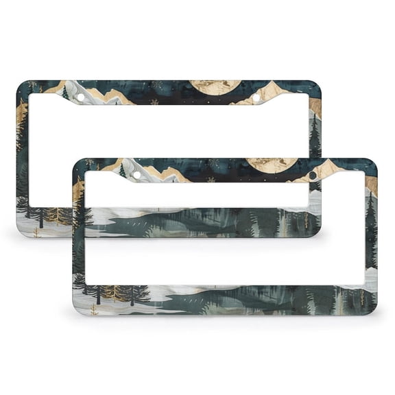 A Serene Mountain Landscape Under The Moonlight License Plate Frames 2 Pack Camp with Mountain Funny License Plates for Men/Women 2 Round Holes Aluminum Metal License Plate Cover