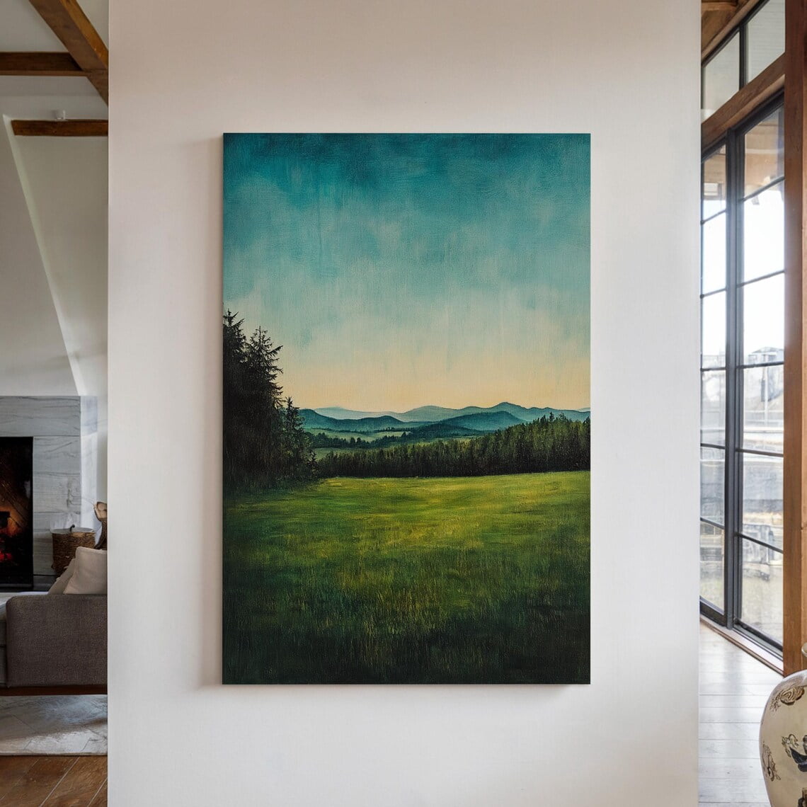 Serene Mountain Landscape Painting, Tranquil Nature Wall Art, Misty — free download