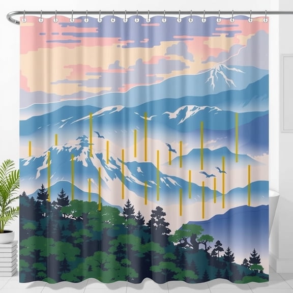 Serene Mountain Landscape Shower Curtain - Japanese-Inspired Design Soft Colors Tranquil Bathroom Decor