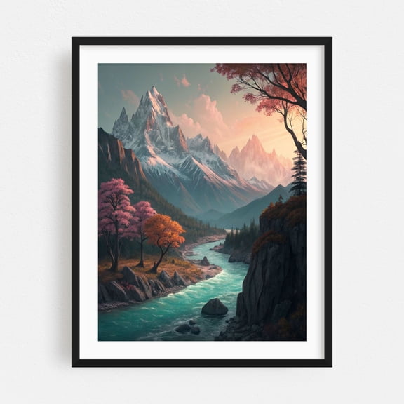 Serene Mountain River Valley - Painting Mountain Landscape Nature Autumn Scenic Wilderness Black Framed Wall Art Print 12 x 16 inches