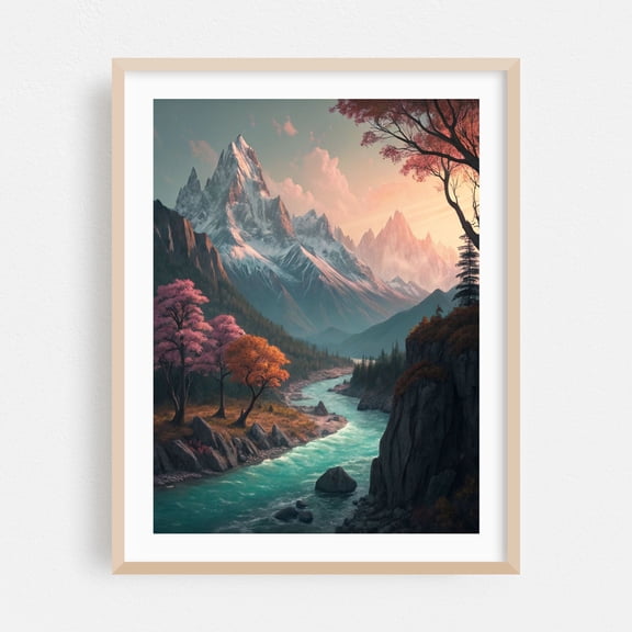 Serene Mountain River Valley - Painting Mountain Landscape Nature Autumn Scenic Wilderness Oak Framed Wall Art Print 5 x 7 inches