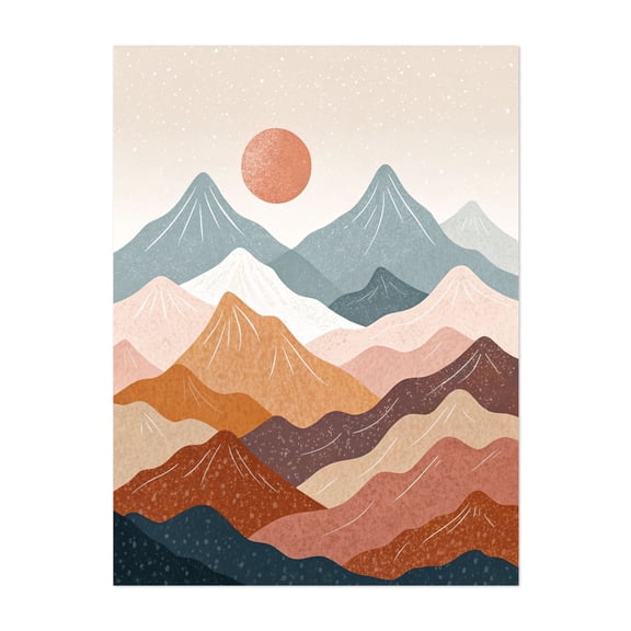 Serene Mountain Sunset Abstract - Illustration Abstract Mountain Minimalist Landscape Geometric Boho Nature Unframed Wall Art Print 9 x 12 inches