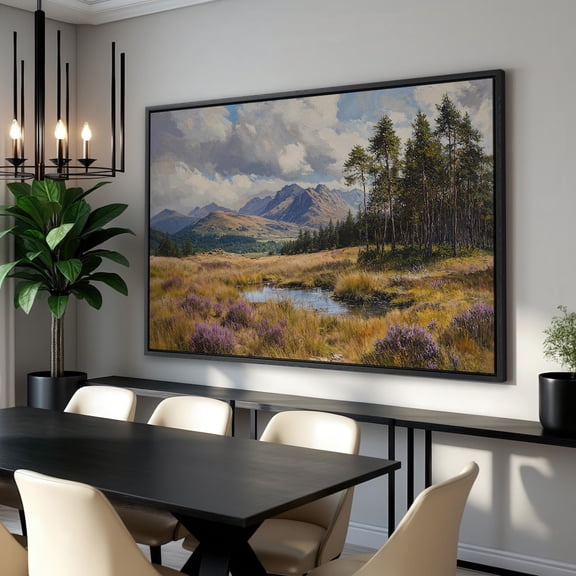 Serene Mountain View With Purple Flowers - Poster, Wall Art, Country Landscape, Scenic Decor, Nature Lover, Stretched Canvas Size 16x24