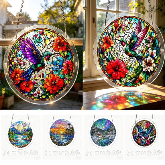 Serene Nature Scene Stained Glass Style Acrylic Suncatcher Puzzle, DIY Landscape Window Hanging Ornament, Translucent Shatterproof Rainbow Maker for Home Decor, Relaxing Gift