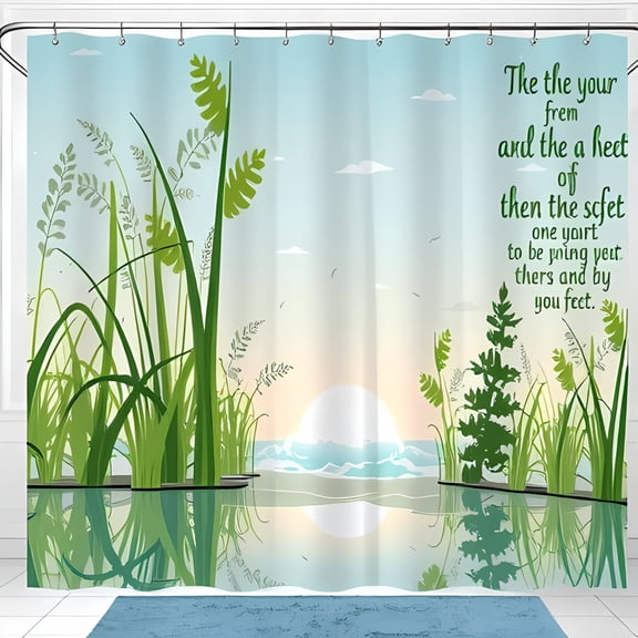 Serene Nature Shower Curtain with Grassy Landscape and Reflective Water at Sunset - Calming Gradient Sky Design