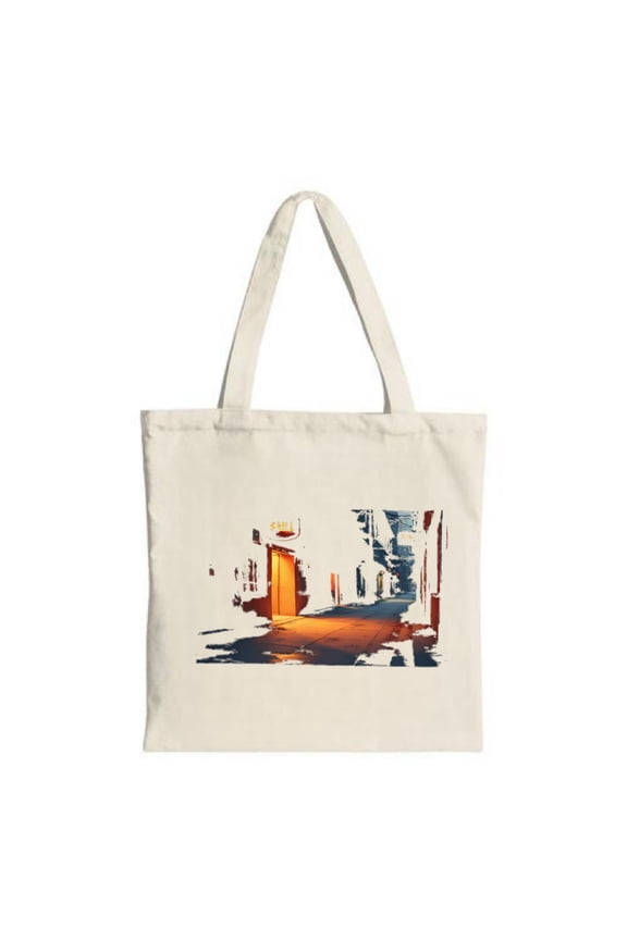 Serene Night Alleyway Tote Bag - Canvas Multifunctional Reusable Shopping Bag with Warm Light & Reflective Surface Design