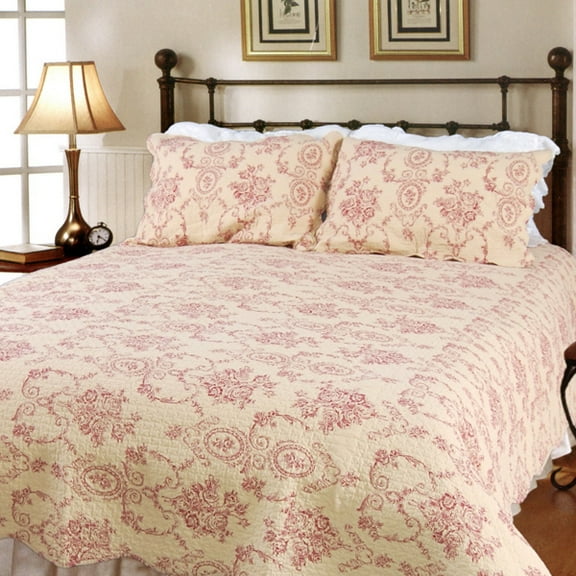Serene Night-Red 100% Cotton 3PC Classic Floral Vermicelli-Quilted Quilt Set (Full/Queen Size)
