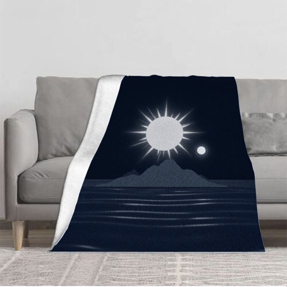 Serene Night Scene Flannel Blanket - Soft Cozy Durable Design with Bright Sun & Moon Over Mountain Range - Perfect for Sofa & Travel
