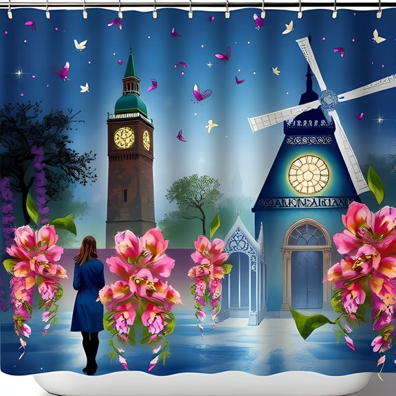 Serene Nighttime Scene Shower Curtain - Elegant Blue Coat Woman Ornate Building Clock Tower & Butterflies Design Perfect for a Magical Bathroom Decor