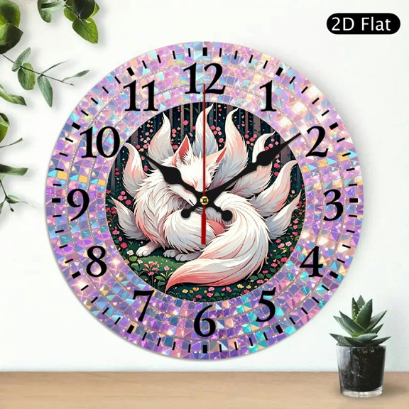 Serene Nine-Tailed White Fox Wall Clock with Iridescent Mosaic Border, Floral Nature Design, Round 10x10 Inch, 1pc, Battery Not Included