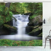 Serene Oasis: Blossoming Forest and Cascading Waterfall Shower Curtain for a Tranquil Retreat